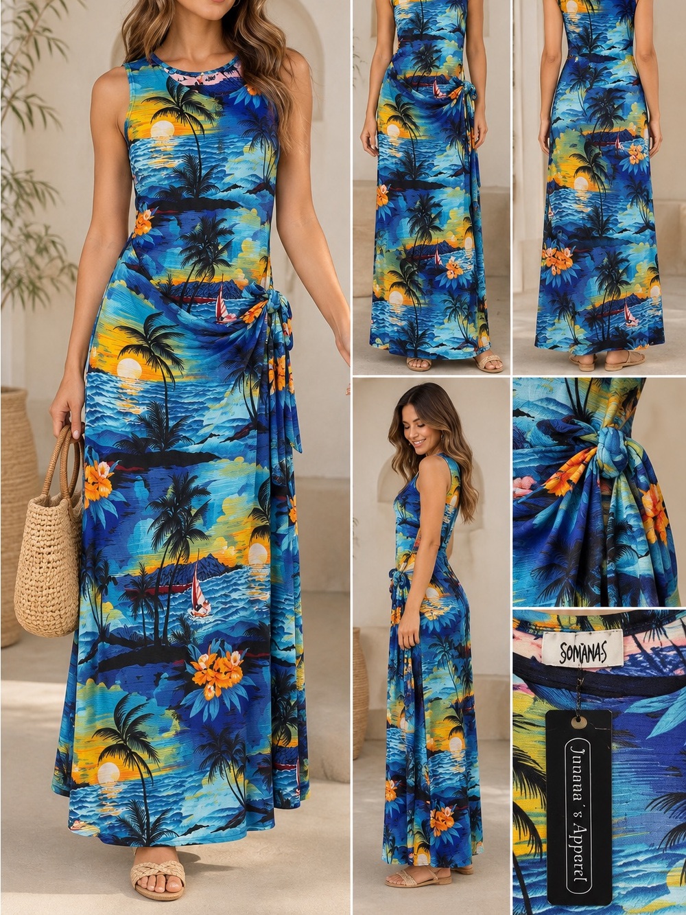 Blue Tropical Scoop Neck Maxi Dress